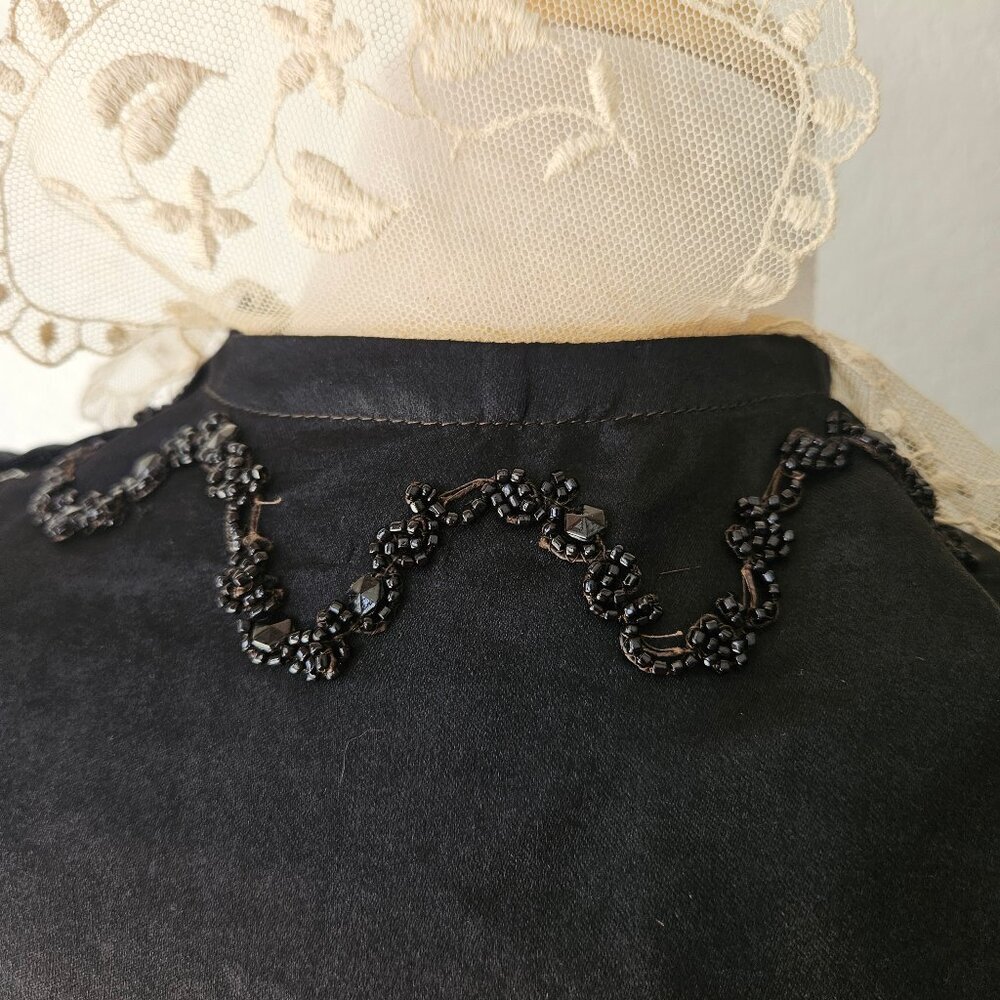 Antique Early 1900s Edwardian Black Silk Blouse Mourning Top Beaded Lace XS/S - Picture 15 of 16